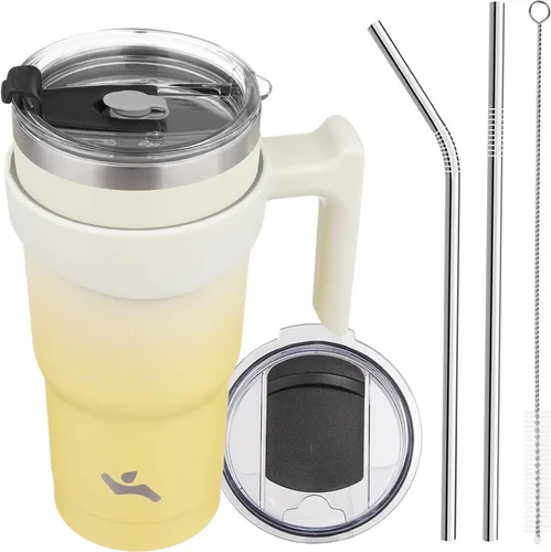 Vista 23 de Konokyo - Vaso de 10 onzas con asa y 2 popotes, 2 tapas, botella de agua aislada de acero inoxidable, taza de viaje reutilizable, color verde militar