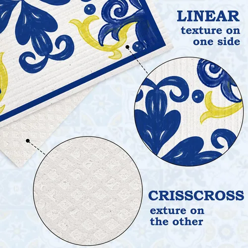 Vista 3 de AnyDesign Paquete de 6 paños de cocina suecos con azulejos azules y blancos de limón, reutilizables, lavables, de algodón, para limpieza