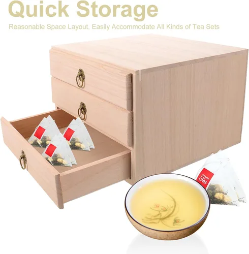 Vista 9 de Vintage Wooden Tea Storage Drawer Cabinet with 3 Compartments