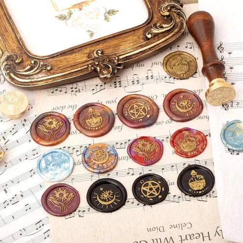 Vista 5 de Wiccan - Juego de sellos de cera, pentagrama pagano, fases lunares, cabeza de sello de sellado de fases lunares, diseño vintage de ojo malvado