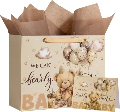Vista 22 de WRAPAHOLIC Bolsa de regalo grande de 13 pulgadas con tarjeta y papel de seda, adorable bolsa de regalo de elefante para bebé, baby shower, fiesta