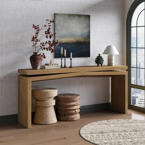 Vista 22 de 50" Modern Art Sculptural Console Table, Oval Cutout Legs, Wood Veneer, Thick Rounded Tabletop, Contemporary Entryway Sofa Table for Living Room