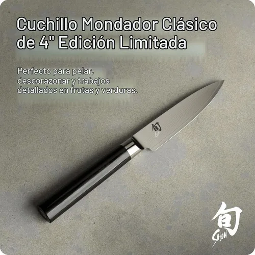 Vista 2 de Shun Cuchillo de pelar clásico de 4 pulgadas, VG-MAX Damasco, mango de madera de Pakka