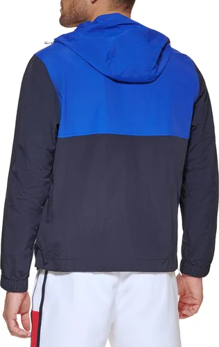 Vista 4 de Tommy Hilfiger - Chaqueta rompevientos con capucha para hombre, estilo retro, ligera, resistente al agua