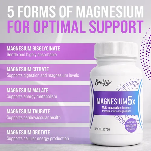 Vista 4 de SoulLife Magnesium5X - Complejo de magnesio 5 en 1 para hombres y mujeres - Apoya la función muscular, la relajación, la producción de energía