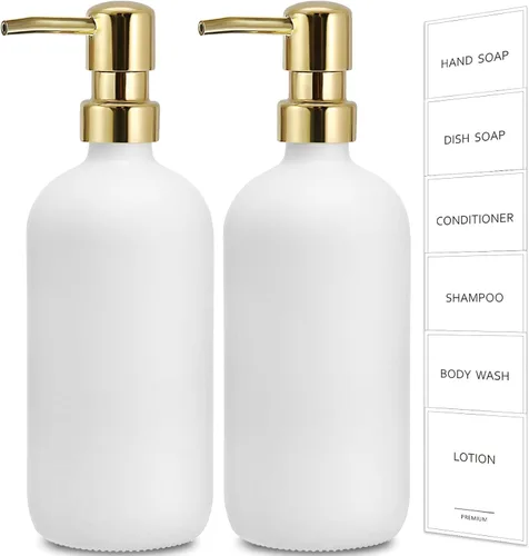Vista 11 de Dispensador de jabón de vidrio ámbar GMISUN, juego de 2 dispensadores de jabón de mano para baño con bomba de acero inoxidable, juego de dispensador