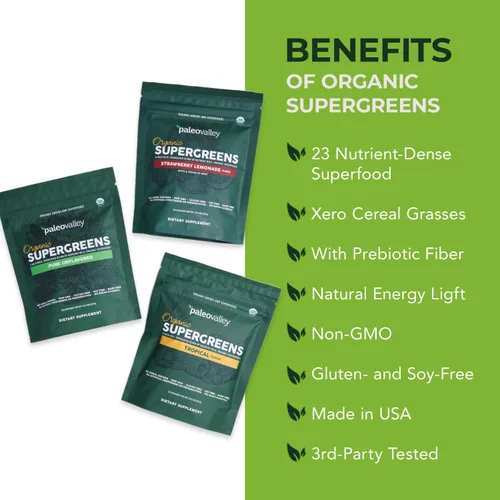 Vista 4 de Paleovalley Organic Supergreens - Superalimento orgánico en polvo de verduras para apoyo inmunológico - Mezcla de polvo verde paleo - 30 porciones