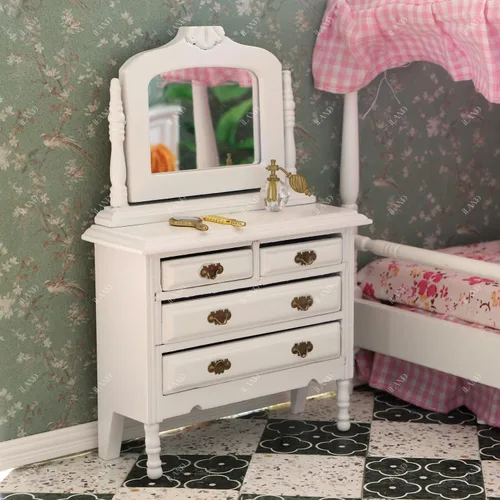 Vista 3 de iLAND - Juego de muebles de dormitorio para casa de muñecas, cama mini de madera para muñecas, muebles en miniatura con accesorios a escala 1:12