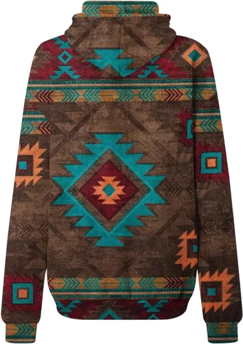 Vista 3 de DOLKFU Sudadera con capucha geométrica azteca occidental para mujer, suéter de manga larga, estilo vintage, casual