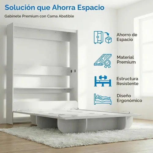 Vista 4 de Mjkone Cama Murphy de pared tamaño Queen con estante de almacenamiento Blanco