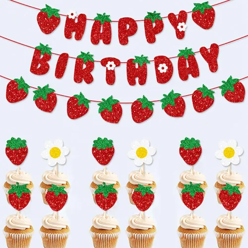 Vista 3 de TSJ Decoración de guirnalda de fresas con purpurina y bayas para colgar, recuerdos de fiesta temática de fresas para fiesta de cumpleaños, baby
