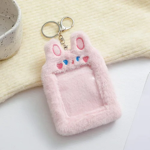Vista 3 de Kawaii Bear Tiger Bunny - Soporte para tarjeta de fotos de felpa Kpop ID de crédito, tarjeta de autobús, funda protectora con colgante de foto (rosa)