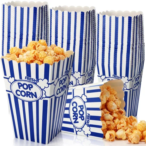 Vista 9 de Xinnun 100 piezas Cajas de palomitas de maíz 32oz Cubos de papel clásicos con rayas desechables a prueba de aceite Caja abierta retro