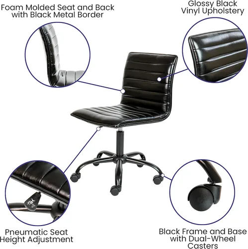 Vista 4 de Flash Furniture - Silla de oficina, vinilo negro, estructura negra, sin reposabrazos, asiento y respaldo acanalados, diseño de respaldo bajo