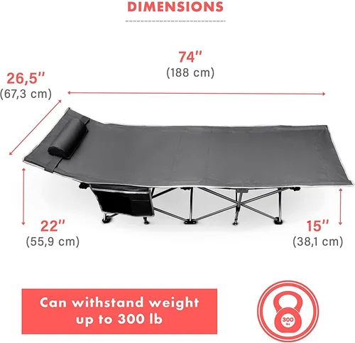 Vista 2 de VaygWay Catre plegable de viaje para acampar al aire libre, gris, ligera, cómoda, portátil, resistente, plegable, cama para dormir con bolsillo