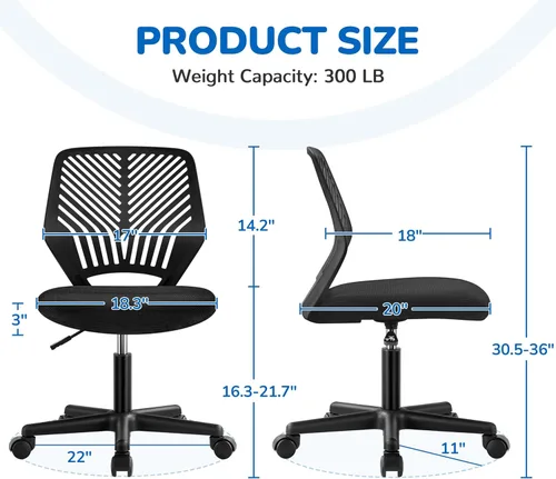 Vista 3 de Yaheetech Silla de oficina ergonómica de malla sin brazos, silla giratoria de respaldo medio con ruedas, silla de estudio de altura ajustable