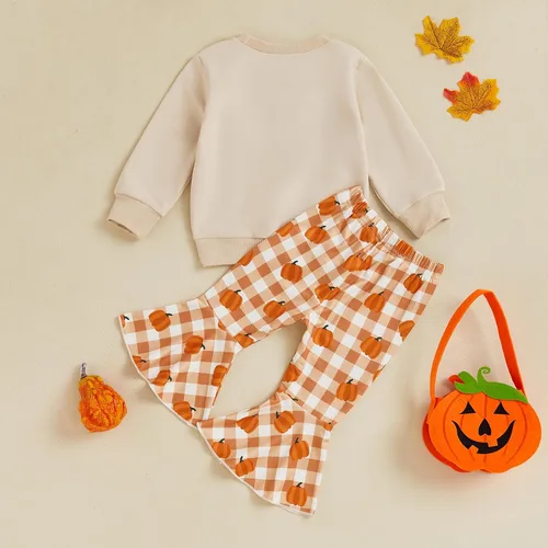 Vista 50 de Traje de Halloween para bebé niña, manga larga, cuello redondo, letras de fantasma, parte superior con estampado de fantasma, parte inferior
