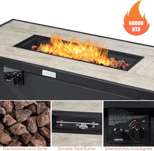 Vista 5 de COSTWAY Mesa para fogata de propano de 42 pulgadas, mesa rectangular de gas para exteriores de 60,000 BTU con mesa de cerámica, roca de lava