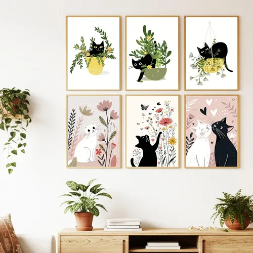 Vista 2 de Jethami Paquete de 6 pinturas por números para adultos principiantes, fácil de pintar con gato negro, kit de arte de lienzo para decoración de pared