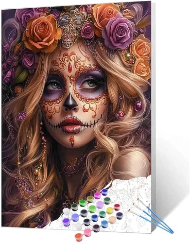 Vista 33 de Tucocoo Decoración del Día de los Muertos, pintura por números, esqueleto para parejas, pintura por números sobre lienzo con pinceles y pigmento