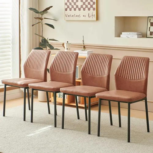 Vista 28 de Juego de 2 sillas de comedor de piel sintética marrón, cómodas sillas de cocina tapizadas sin brazos con patas de metal negro para sala de estar