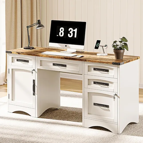 Vista 8 de Decofy L Shaped Farmhouse Executive Desk with Drawers, Grey Gris
