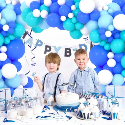 Vista 2 de Kit de arco de guirnalda de globos de color verde azulado y blanco – Arco de guirnalda de globos de mar con globos azules y verde azulado