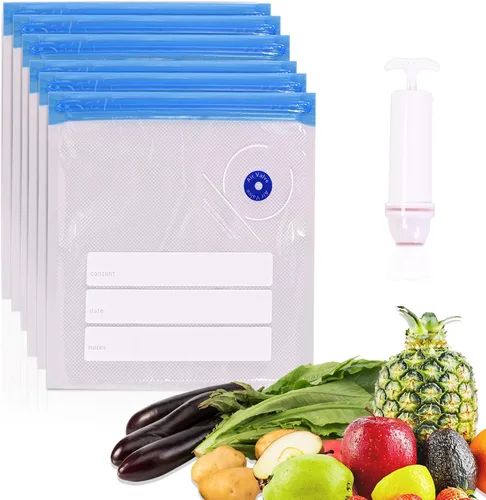 Vista 9 de Sous Vide - Bolsas de sellado al vacío reutilizables de 8 x 9 pulgadas para alimentos, bolsa selladora con cremallera al vacío con bomba de mano