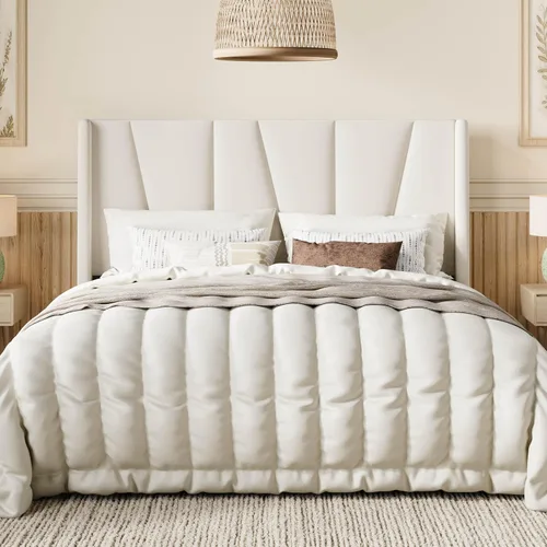 Vista 9 de SHA CERLIN Base de cama tamaño Queen con cabecera geométrica con respaldo de ala, plataforma tapizada con soporte de listones de madera, espacio Gris