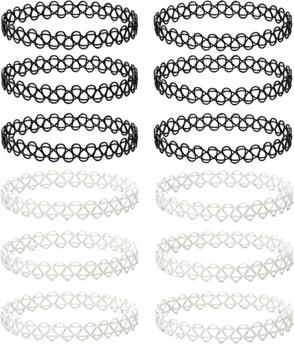 Vista 16 de BodyJ4You Juego de 12 gargantillas elásticas estilo tatuaje, accesorios y joyería de los años 90 y 2000, rosado, azul, verde, colorido, arcoíris