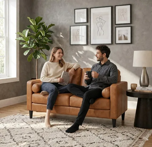 Vista 2 de Naomi Home Sofá de piel de grano superior de mediados de siglo, sofá de dos plazas, muebles de dos plazas para espacios pequeños, sofás modernos