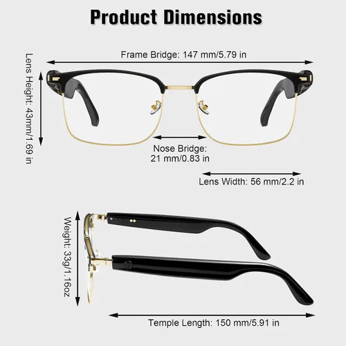 Vista 2 de Gafas inteligentes, gafas con filtro de luz azul, gafas de sol Bluetooth, lente fotocrómica, micrófono y altavoz integrados (GS13-dorado+marco negro)