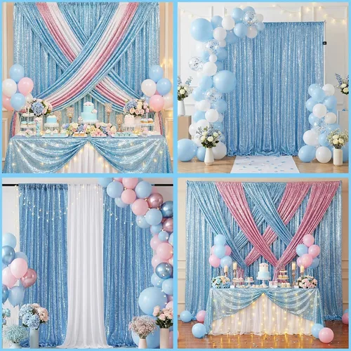 Vista 4 de B-COOL Cortinas de Fondo de Lentejuelas Azul Bebé 2 Piezas 2ftx8ft Fotografía para Fiestas Fondo Brillante Cortinas para Prom Bodas Baby Shower