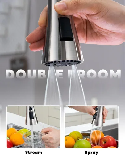 Vista 4 de Grifos de cocina con dispensador de jabón, grifo de cocina de níquel cepillado con rociador extraíble, 3 modos, grifos de fregadero de cocina