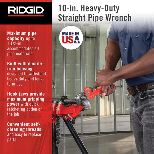 Vista 2 de RIDGID 31010 - Llave de tubería recta modelo 10 resistente, llave de fontanería de 10 pulgadas, color rojo, negro, 9.843 in (10 pulgadas)