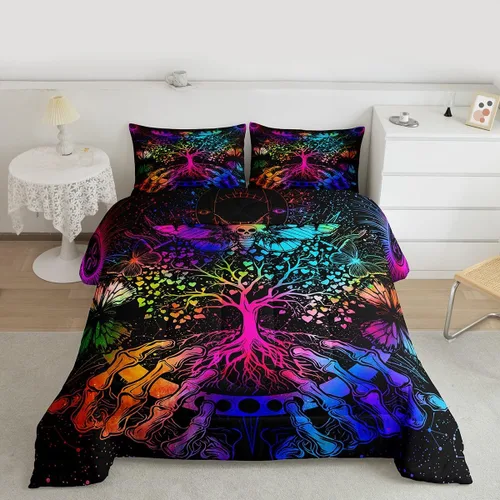 Vista 3 de Erosebridal Juego de ropa de cama con diseño de árbol de la vida, diseño bohemio de mariposa y mariposa, edredón de fase lunar hippie, edredón