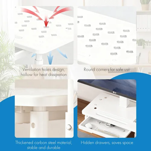 Vista 3 de Elevador de monitor con cajón, altura ajustable (4.1-5.7 in), 3 engranajes, organizador de escritorio de acero al carbono para computadora/portátil