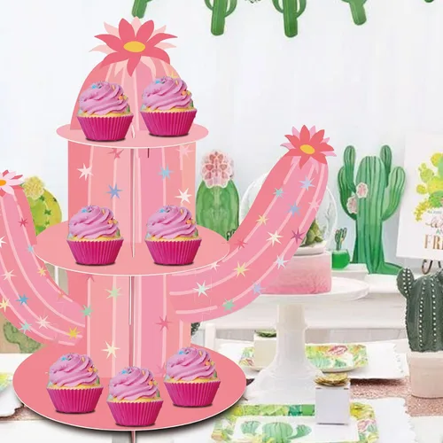 Vista 4 de Soporte para cupcakes de cactus rosa, soporte para cupcakes de fiesta mexicana para vaquera, cumpleaños, despedida de soltera