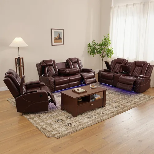 Vista 17 de Juego de sofá reclinable eléctrico para sala de estar, juego de sofá reclinable de cuero con luz LED, soporte para tazas, almacenamiento de consola