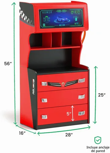 Vista 3 de Cilek GTS EV - Cómoda de 3 cajones con gabinete, diseño de cargador de coche EV, estantes adicionales, cajones de cierre suave, color rojo