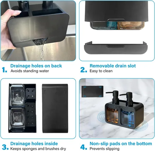 Vista 6 de Esby Juego de dispensador de jabón, dispensador de jabón para platos 4 en 1 para fregadero de cocina, dispensador de jabón de manos que ahorra Negro