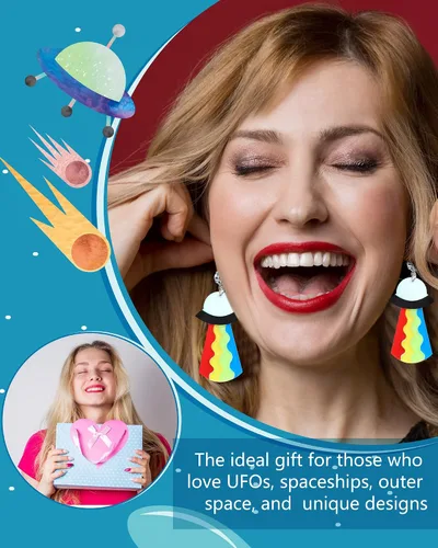 Vista 3 de 10 pares de aretes de extraterrestres OVNI, aretes acrílicos espaciales extraños para mujer, diseño de platillo volador, aretes colgantes de OVNI