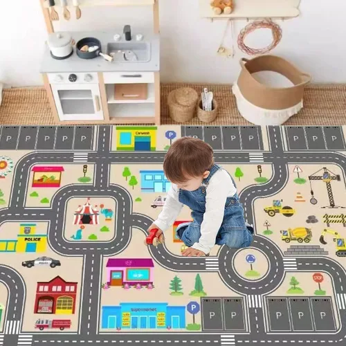 Vista 2 de Alfombra de juego para niños para autos de juguete, alfombra educativa de tráfico por carretera, alfombra de diviértete , alfombra antideslizante