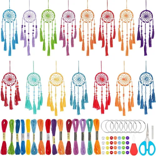 Vista 11 de INFUNLY 12 piezas Kit DIY de mini atrapasueños boho, kit de atrapasueños pequeños de color arcoíris para principiantes, atrapasueños hechos a mano