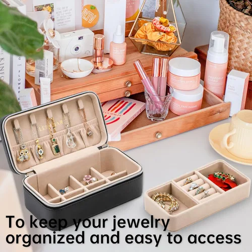 Vista 5 de Joyero de viaje, organizador de joyas pequeño de piel sintética para mujeres y niñas, mini estuche de viaje portátil de doble capa, cajas