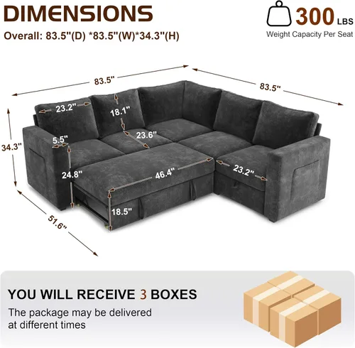 Vista 3 de Sofá modular de 85 pulgadas con cama extraíble, sofá modular de 5 asientos en forma de L con almacenamiento, sofás seccionales para sala de estar