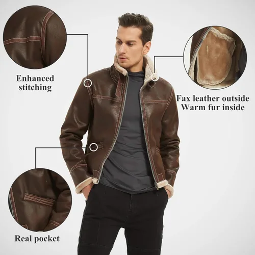Vista 3 de saounisi Chaqueta de piel sintética con cuello alto para hombre, chaqueta de cuero sintético para cosplay