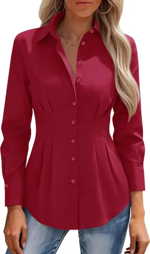 Vista 9 de siliteelon Camisas con botones para mujer, cintura ceñida, camisa de vestir de algodón de manga larga para negocios, casual, trabajo, oficina
