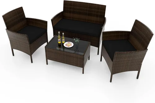 Vista 24 de RELAX4LIFE Juego de muebles de patio de 4 piezas – Juego de muebles de ratán para conversación al aire libre con cojines, mesa de centro de cristal