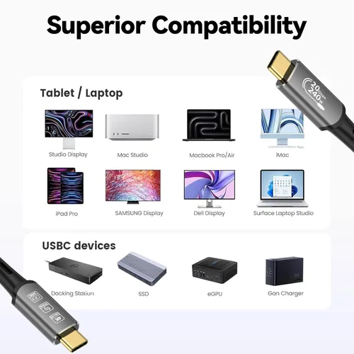 Vista 8 de Cable de extensión largo USB4 Thunderbolt 4 5M 16.5 pies 8K USB C M/M 240W carga rápida 40Gbps transferencia de datos 7680 * 4320 8K @60Hz 4K @144Hz